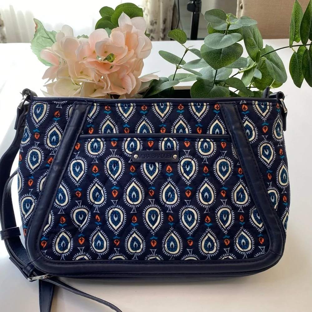 Vera Bradley Women's Trimmed Trapeze Crossbody Purse Marrakesh Motifs Bag Blue